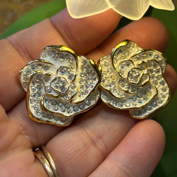 Joan Rivers Stamped Vintage Earrings with White Enamel and Swarovski Crystals - Picture 2 of 7